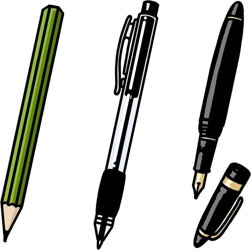 鉛筆、ボールペン、万年筆